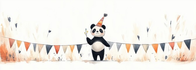 Whimsical Panda in Party Hat Walking with Colorful Banners Watercolor Illustration for Children's Decor