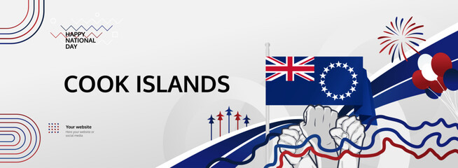 Cook Island National Day greeting banner concept. August 4th is celebrated as Cook Island Independence Day. Vibrant template with flags and raised fists, great for national holiday poster.