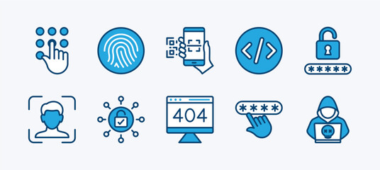 Set of secret code access icon. Contains fingerprint, scan barcode or QR scanner, pattern, coding, cyber security pin technology, password, face lock or ID, padlock, error, hacker. Vector illustration
