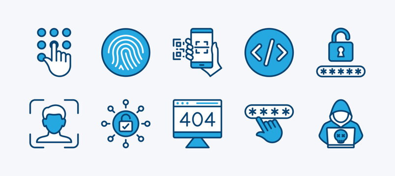 Set of secret code access icon. Contains fingerprint, scan barcode or QR scanner, pattern, coding, cyber security pin technology, password, face lock or ID, padlock, error, hacker. Vector illustration