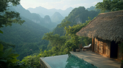 Naklejka premium Serene mountain retreat with pool and lush greenery