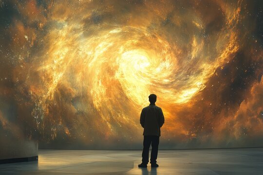A man silhouetted against a massive swirling cosmic nebula, feeling wonder and awe.