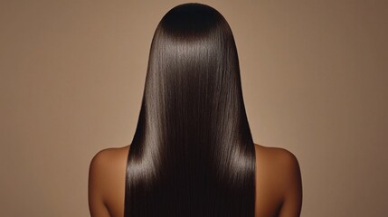 A woman with long, straight hair is shown with her back to the camera