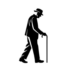 Silhouette of an elderly man walking with a cane in a thoughtful pose