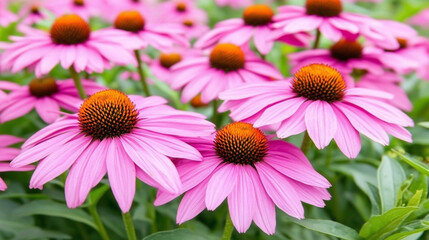 Vibrant Pink Coneflowers with Dark Purple Petals in a Large Field