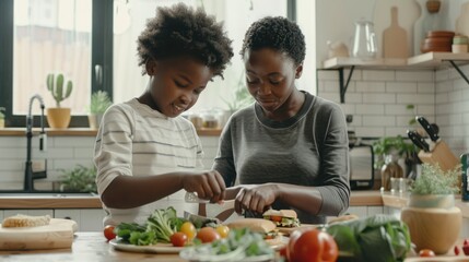 A black woman with short hair and her son, aged around eight years old, were making sandwiches in the kitchen of their home