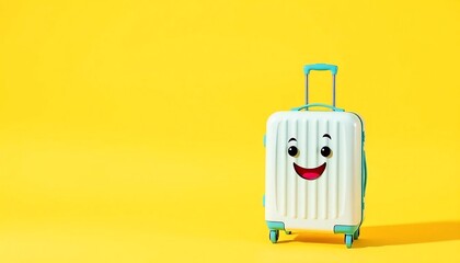 Obraz premium Happy Suitcase Yellow Background Travel Vacation Fun
