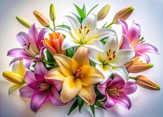 Fototapeta premium Colorful Lilies in Bloom for Elegant Wedding Invitations and Greeting Cards with a Soft, Low Light Photography Effect on a White Background