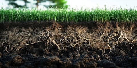 Detailed Cross-section of Soil and Grass Highlighting Root Networks and Ecosystem Structure