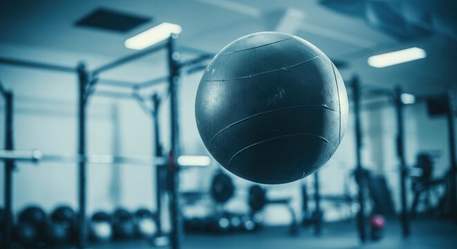 Black exercise ball floating in a modern gym environment