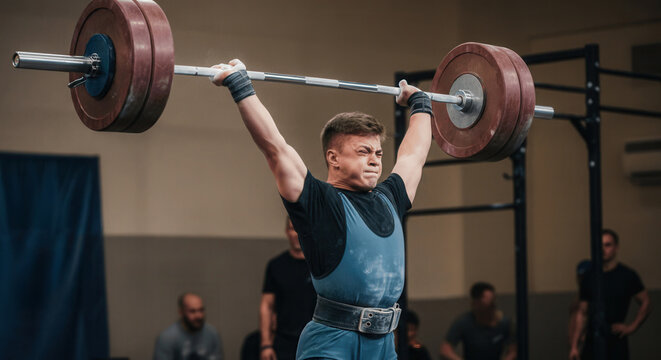 Young male athlete lifting heavy weights in a competitive weightlifting event