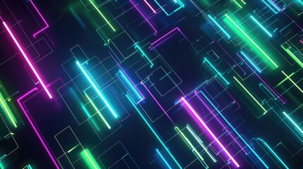 Obraz premium A neon lights abstract background featuring glowing neon tubes in shades of electric blue, green, and purple arranged in dynamic patterns