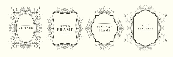 Vintage calligraphic decorative vertical frames template set. Elegant retro ornamental borders, floral ornaments. Vector illustration