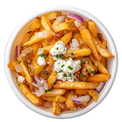 A white cardboard bowl containing cheddar fries, goat cheese, onions. Top view, centered. Plain white background.