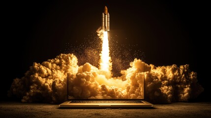 A sleek laptop projecting a rocket launch, combining digital creativity with the excitement of space exploration.