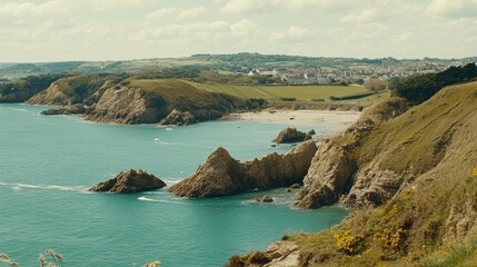 Fototapeta premium A stunning view of a rocky cliffside, with the ocean sparkling below and white clouds casting soft shadows.