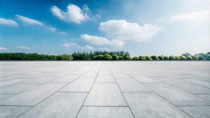 Serene Plaza: Expansive view of a tranquil plaza with a vast paved area, lush green trees, and a vibrant blue sky. Perfect for showcasing tranquility and urban spaces. 