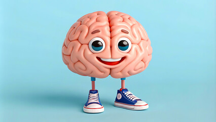 Playful and happy brain illustration in 3D, featuring a cartoon mascot with big eyes and vibrant personality on blue