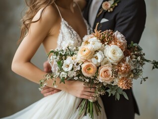 Bridal Portrait Modern Wedding Minimalist Soft Natural Lighting Couple Gown Bouquet