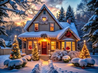 Fototapeta premium Winter Wonderland: A Cozy Home with Festive Lights and Snow-Covered Charm