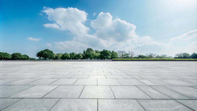 Vast Open Plaza:  A tranquil scene of a wide, empty plaza paved with large, light grey tiles, extending towards a lush green landscape under a vibrant blue sky dotted with fluffy white clouds.