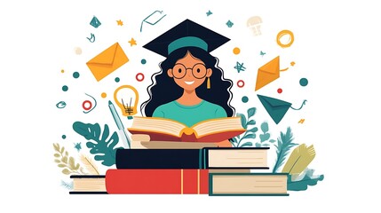 Empowering female education, determined student with books, educational icons 