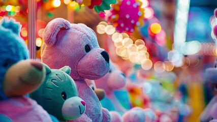 Soft focus on oversized stuffed animals and vibrant prizes at a carnival game stand.