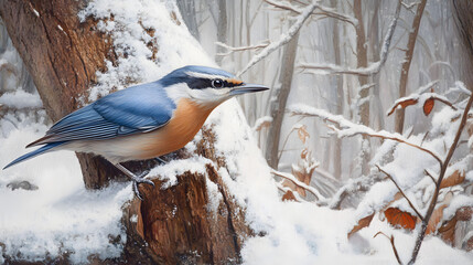 Nuthatch in a Snowy Woodland