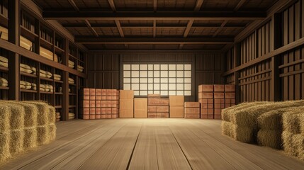 Serene Japanese-Style Barn Interior with Hay Bales, Cardboard Boxes and Wooden Shelves