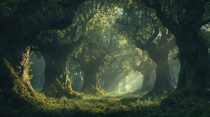 Enchanted Forest Path: Sunlit Mystical Trees and Mossy Grove
