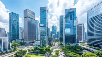 Modern Urban Landscape Featuring Tall Skyscrapers and Lush Green Spaces Under a Bright Blue Sky with White Clouds in a Vibrant City Setting