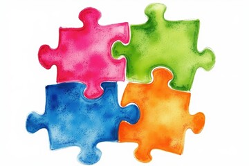 Obraz premium Bright and Colorful Jigsaw Puzzle Pieces Watercolor Illustration Perfect for Kids' Rooms, Educational Materials, and Creative Projects