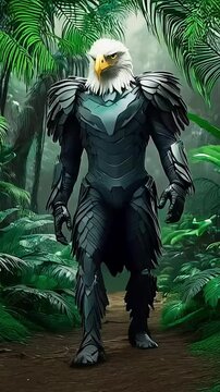 Anthropomorphic Egale walking in forest