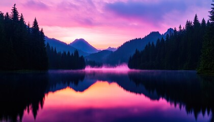 Fototapeta premium A serene landscape showcasing a vibrant sunset over a tranquil lake, surrounded by lush forests and majestic mountains.