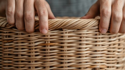 Your Hobby, Your Relaxation, Your Self-Care concept. Hands grasping a woven wicker basket edge.