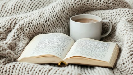 Your Hobby, Your Relaxation, Your Self-Care concept. Cozy blanket with a book and a cup of coffee.