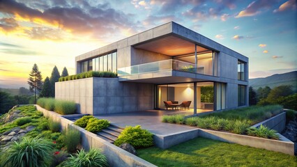 Contemporary Concrete House Design with a Focus on Aesthetic Appeal and Functional Space, Showcasing Modern Architecture and Landscaping in a Balanced Composition
