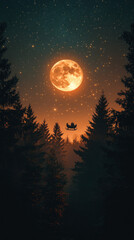 starry night sky with a silhouette of a sleigh in flight, surrounded by twinkling stars and a bright moon, creating a magical and serene Christmas atmosphere