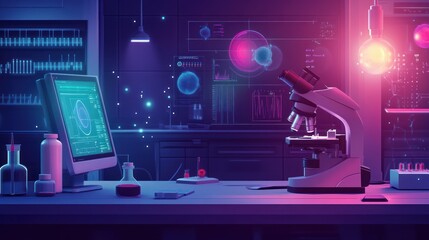 Futuristic lab at night with microscope, computer, and glowing particles.