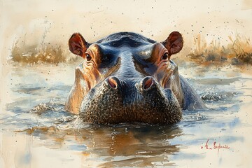 Fototapeta premium Hippopotamus Watercolor Painting Realistic Wildlife Art Animal Illustration Hippopotamus Emerging from Water