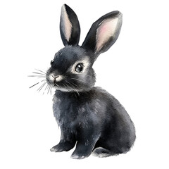 Obraz premium Watercolor Cartoon of a Black Rabbit Sitting on transparent Background
