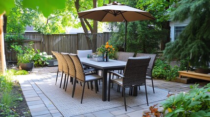 Outdoor dining area with elegant furniture and lush greenery.