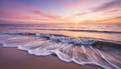 Serene Sunset Seascape: Tranquil Ocean Waves at Dusk with Pastel Sky