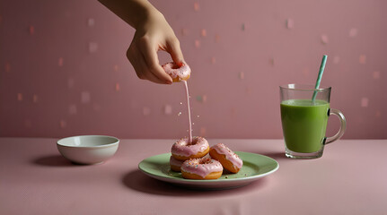 breakfast with coffee and croissant on pink. Genrative.ai