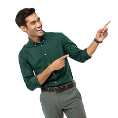 A man wearing a green shirt and brown belt pointing to the right