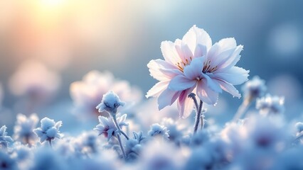 Frozen icy flowers in winter. Frost-covered wildflowers in winter field on the evening or morning. ai generative