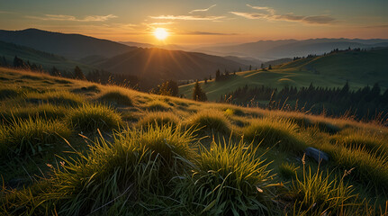 sunset in the mountains with grass. Genrative.ai 