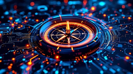 A sleek digital compass set against a blue background symbolizes advanced online data transport, showcasing modernized navigation in the digital realm