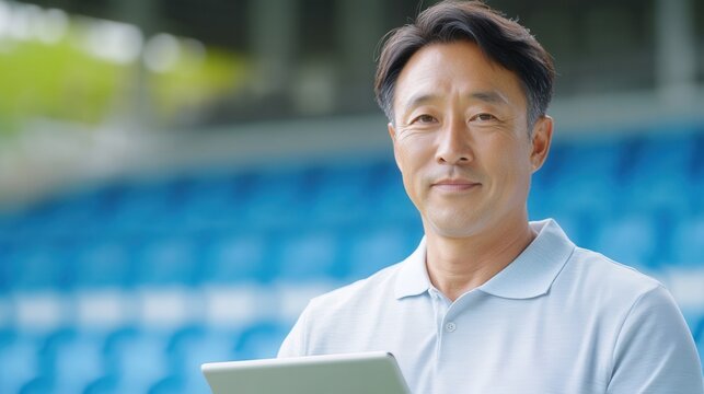 Confident middle-aged sports manager holding tablet and smiling in stadium - Powered by Adobe