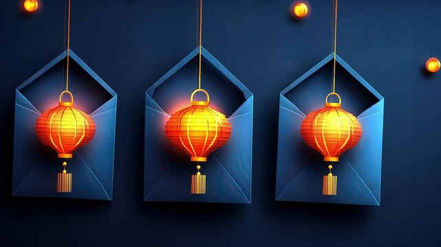 Traditional lanterns illuminating dark envelopes with a festive glow. Happy Chinese New Year